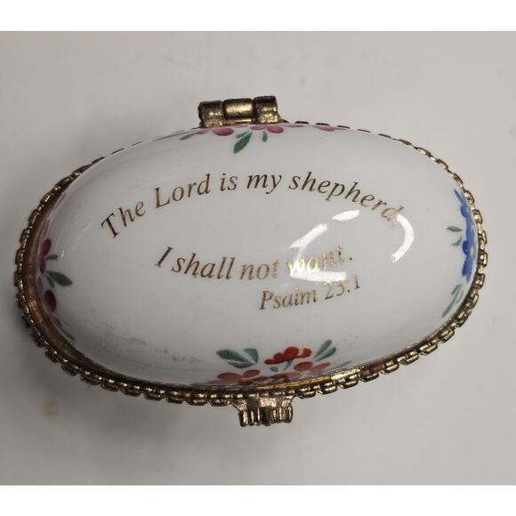 Imperial Porcelain Trinket Box Floral Religious Psalm The Lord Is My Shepherd - Picture 2 of 8